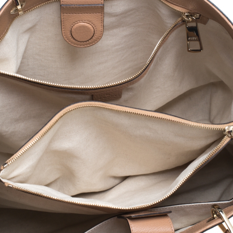 Pre Owned Gucci Dark Beige Leather Large Bamboo Shopper Tote 