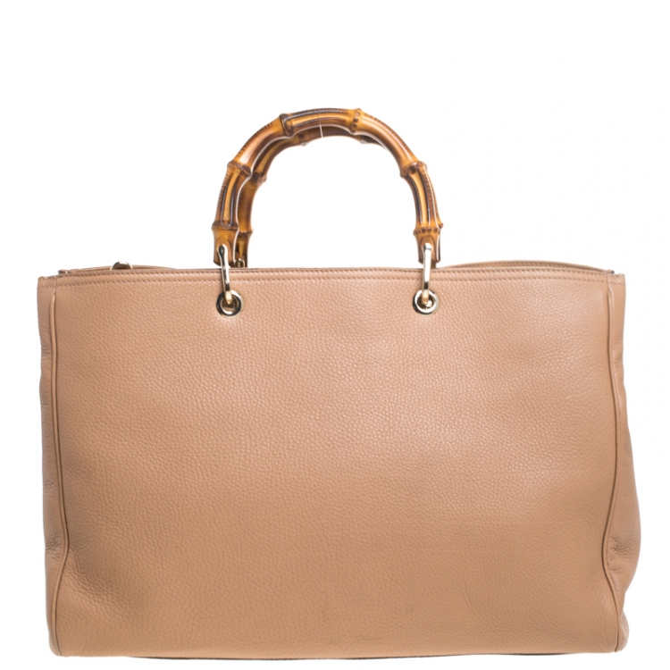 Pre Owned Gucci Dark Beige Leather Large Bamboo Shopper Tote 