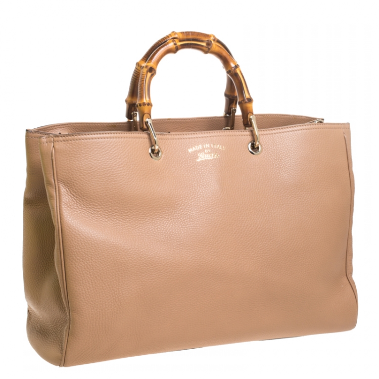 Pre Owned Gucci Dark Beige Leather Large Bamboo Shopper Tote 