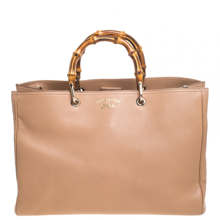 Pre Owned Gucci Dark Beige Leather Large Bamboo Shopper Tote 