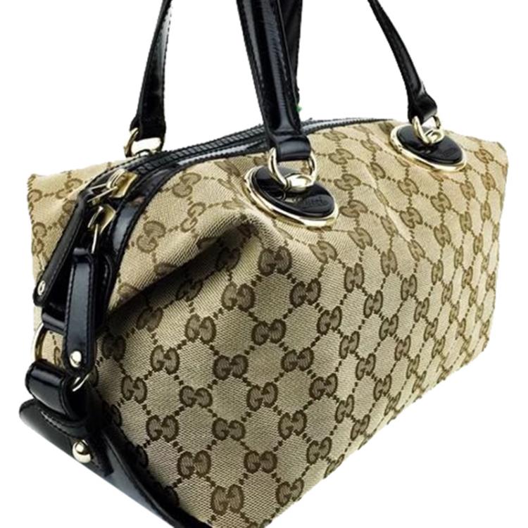 Pre Owned Gucci Brown/Black GG Canvas And Patent Leather Satchel