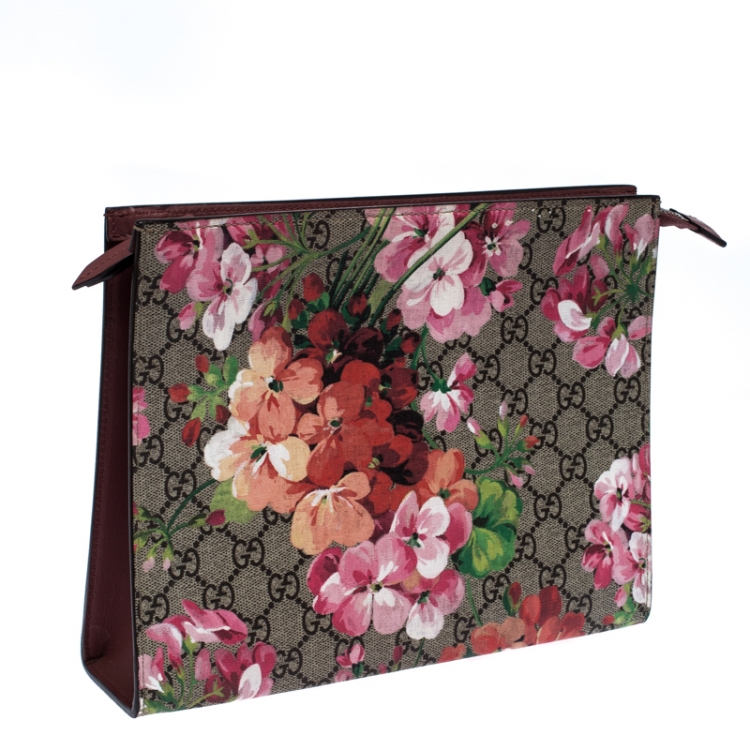 Pre Owned Gucci Beige GG Supreme Blooms Printed Canvas Pouch