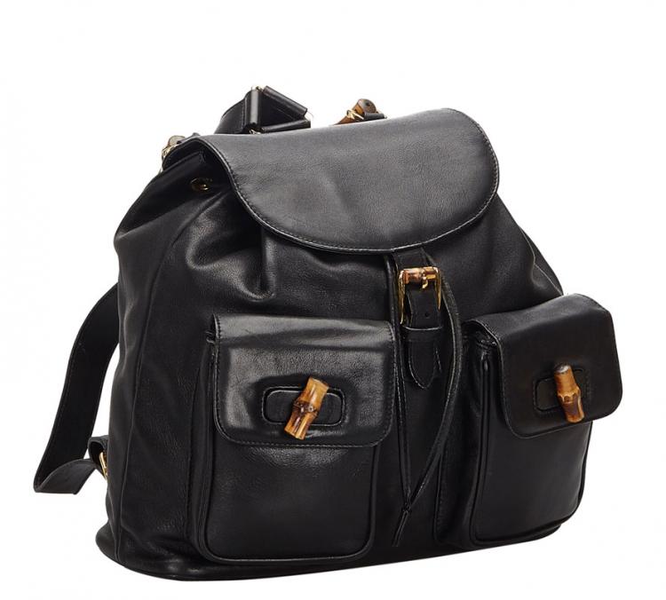 Pre Owned Gucci Black Bamboo Leather Drawstring Backpack