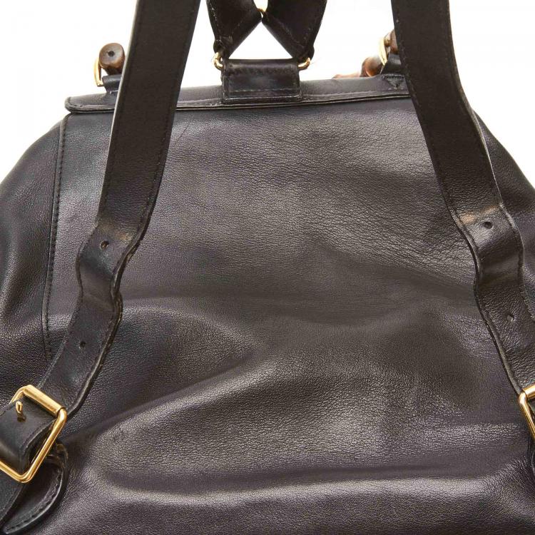 Pre Owned Gucci Black Bamboo Leather Drawstring Backpack