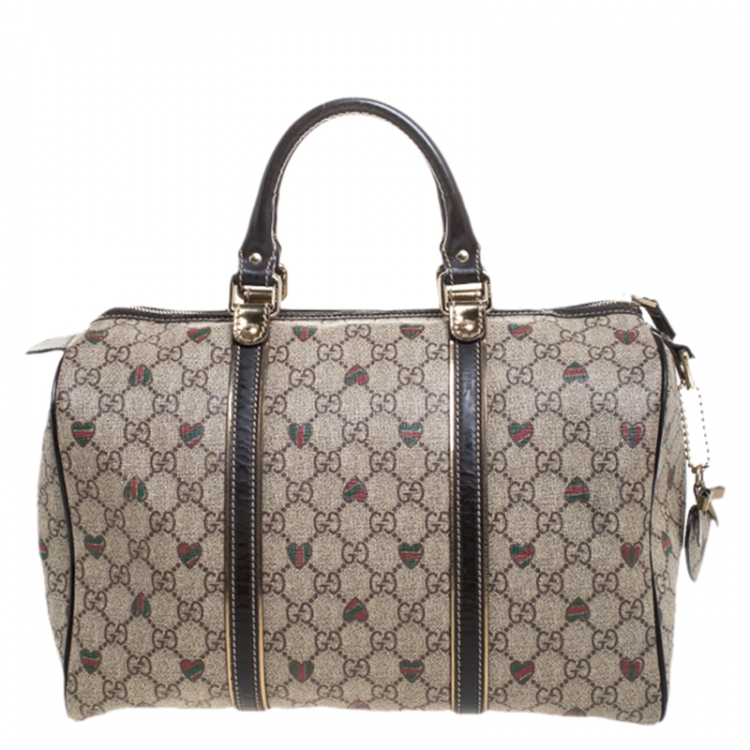 Pre Owned Gucci Brown/Beige GG Supreme Canvas Medium Tattoo Hearts Joy Boston Bag
