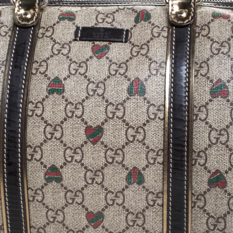 Pre Owned Gucci Brown/Beige GG Supreme Canvas Medium Tattoo Hearts Joy Boston Bag