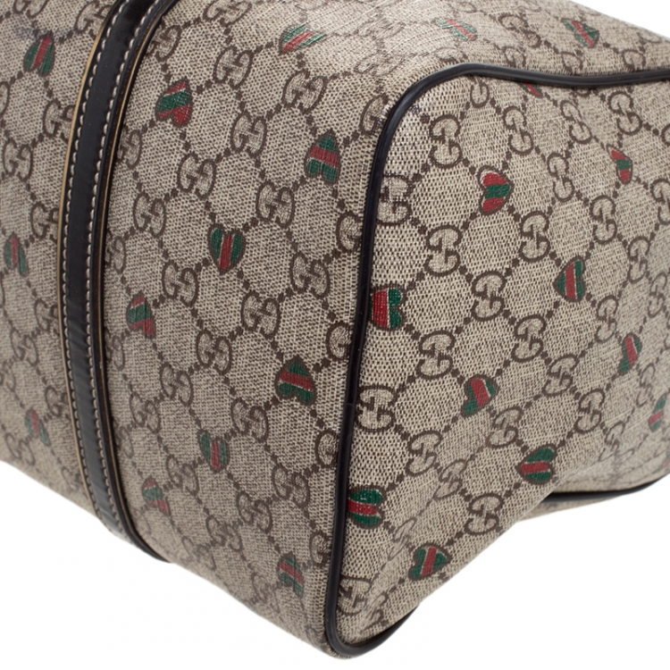 Pre Owned Gucci Brown/Beige GG Supreme Canvas Medium Tattoo Hearts Joy Boston Bag