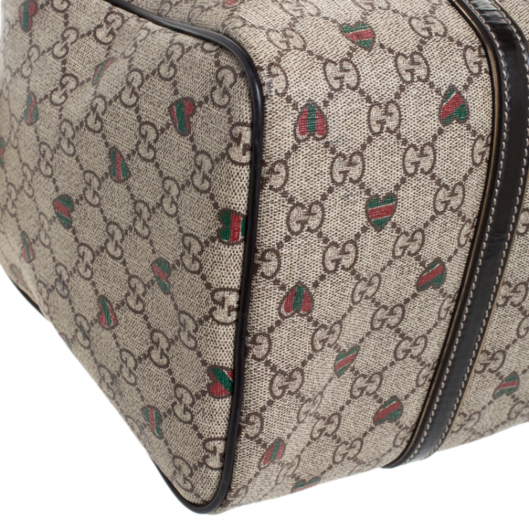 Pre Owned Gucci Brown/Beige GG Supreme Canvas Medium Tattoo Hearts Joy Boston Bag