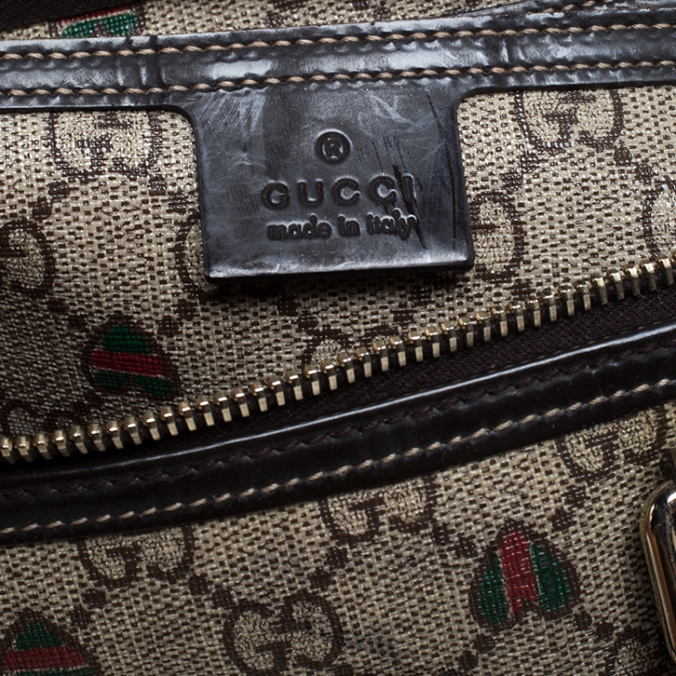 Pre Owned Gucci Brown/Beige GG Supreme Canvas Medium Tattoo Hearts Joy Boston Bag