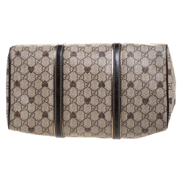 Pre Owned Gucci Brown/Beige GG Supreme Canvas Medium Tattoo Hearts Joy Boston Bag