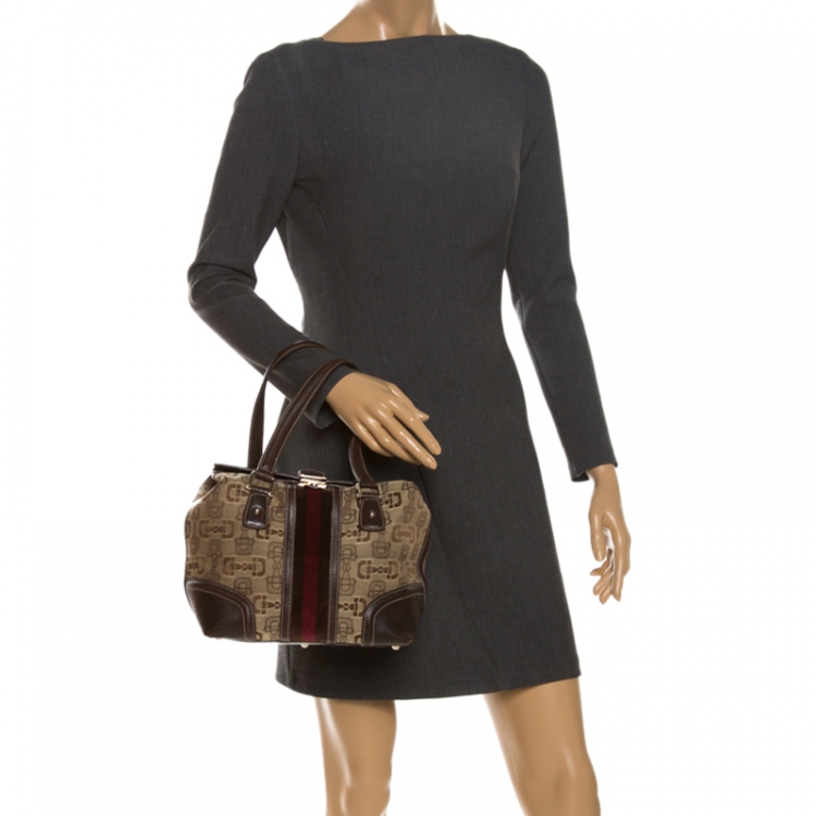 Pre Owned Gucci Beige/Brown Horsebit Canvas and Leather Small Treasure Boston Bag