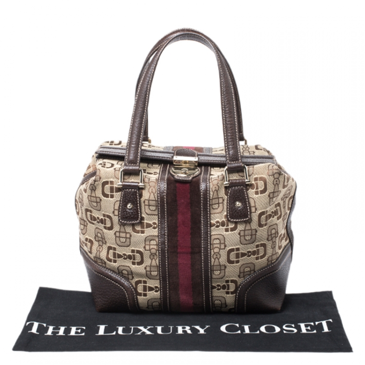 Pre Owned Gucci Beige/Brown Horsebit Canvas and Leather Small Treasure Boston Bag