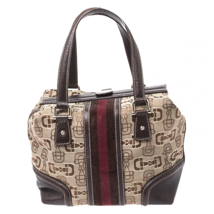 Pre Owned Gucci Beige/Brown Horsebit Canvas and Leather Small Treasure Boston Bag