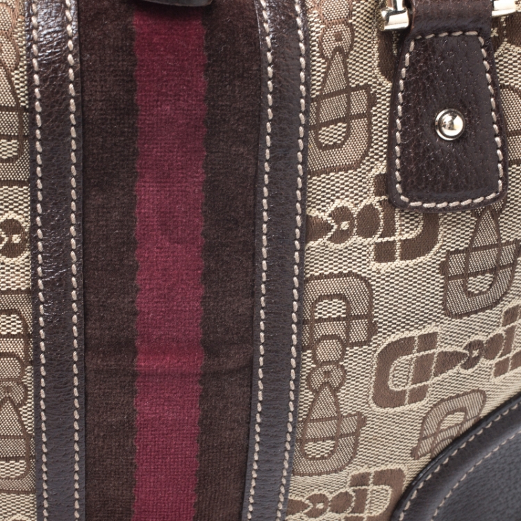 Pre Owned Gucci Beige/Brown Horsebit Canvas and Leather Small Treasure Boston Bag