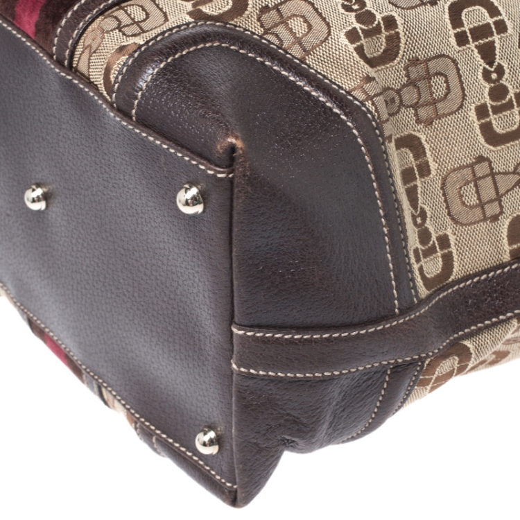 Pre Owned Gucci Beige/Brown Horsebit Canvas and Leather Small Treasure Boston Bag