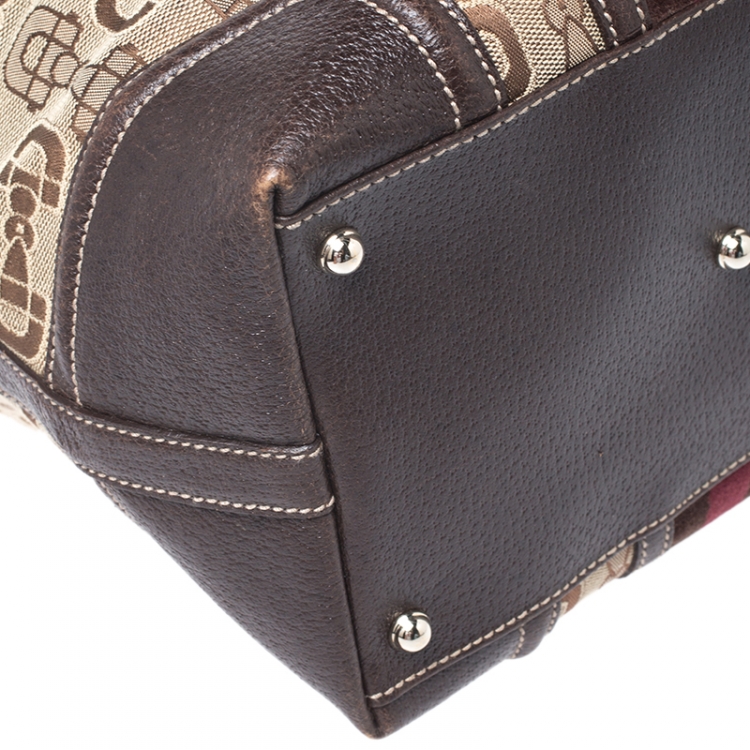 Pre Owned Gucci Beige/Brown Horsebit Canvas and Leather Small Treasure Boston Bag