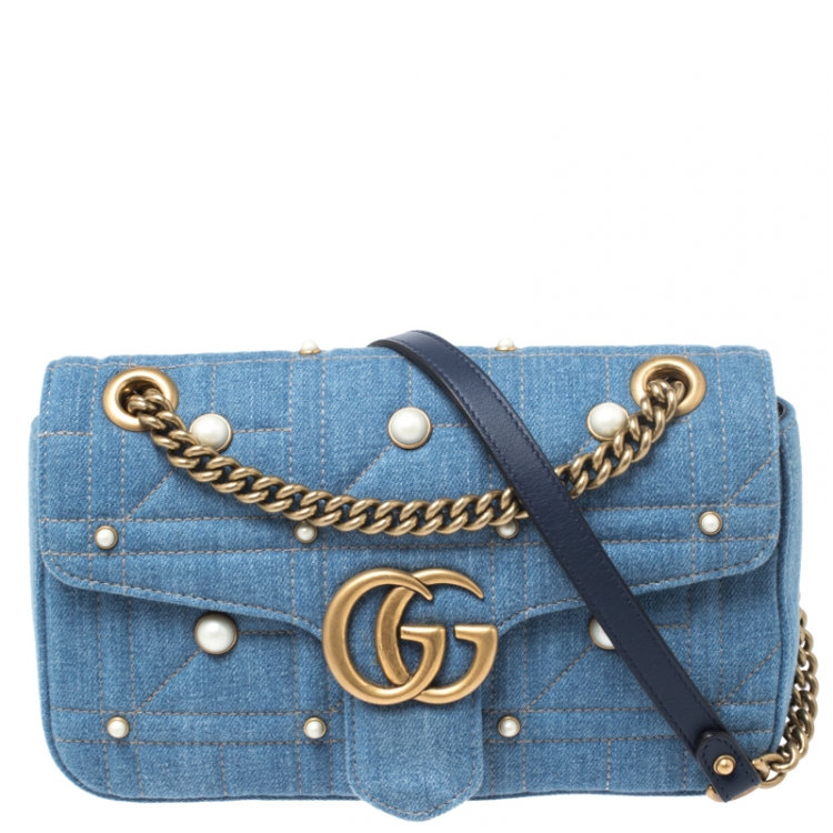 Gucci Denim Matelasse Pearl Studded Small GG Marmont Chain Shoulder Bag  Blue – STYLISHTOP