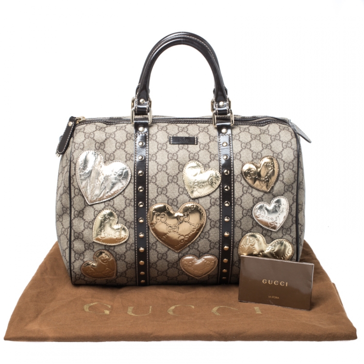 Pre Owned Gucci Beige/Ebony GG Supreme Coated Canvas Medium Hearts Joy Boston Bag