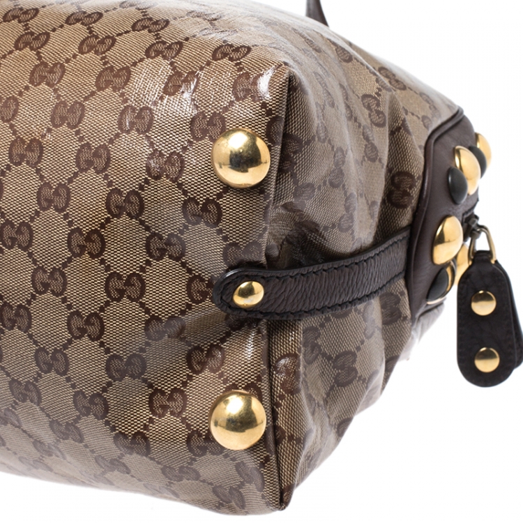 Pre Owned Gucci Beige/Brown GG Crystal Canvas Large Babouska Crest Dome Bag