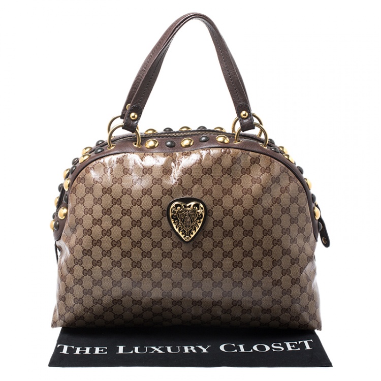 Pre Owned Gucci Beige/Brown GG Crystal Canvas Large Babouska Crest Dome Bag