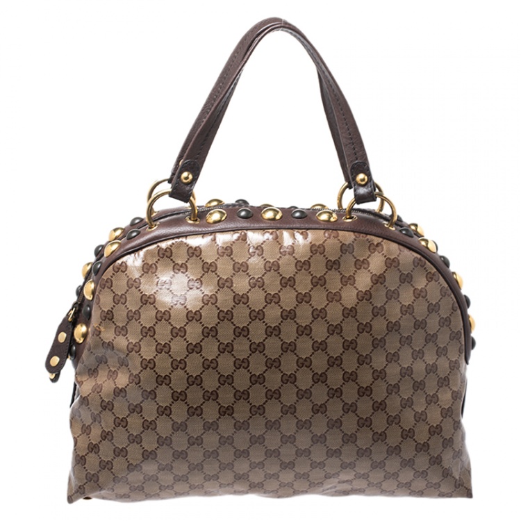 Pre Owned Gucci Beige/Brown GG Crystal Canvas Large Babouska Crest Dome Bag