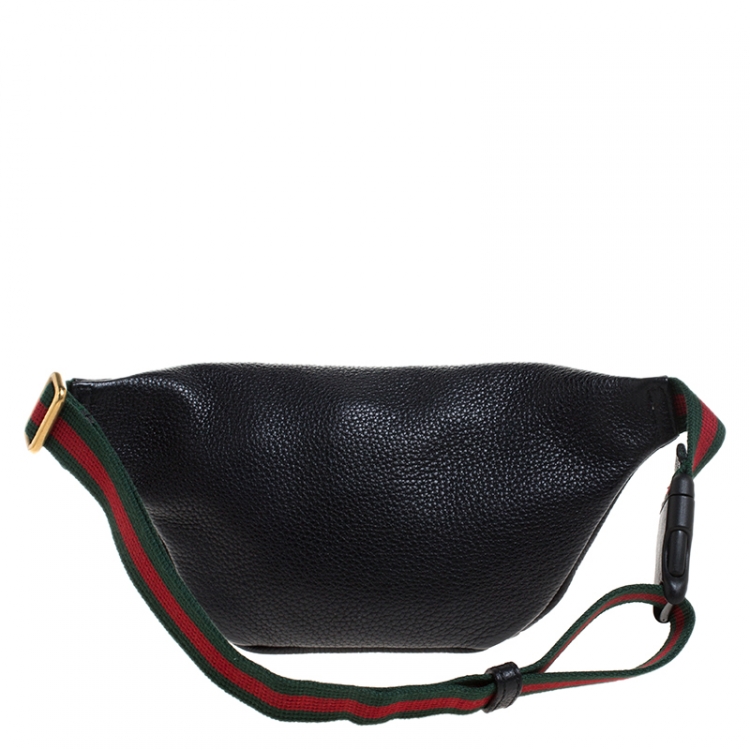 Pre Owned Gucci Black Pebbled Leather Small Logo Web Belt Bag