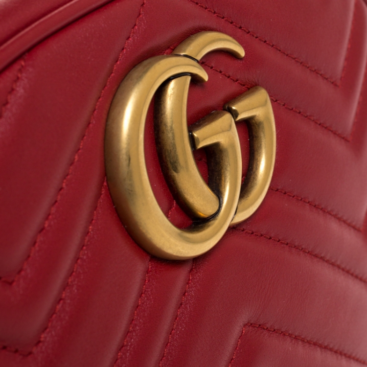 Pre Owned Gucci Red Matelassé Leather GG Marmont Belt Bag