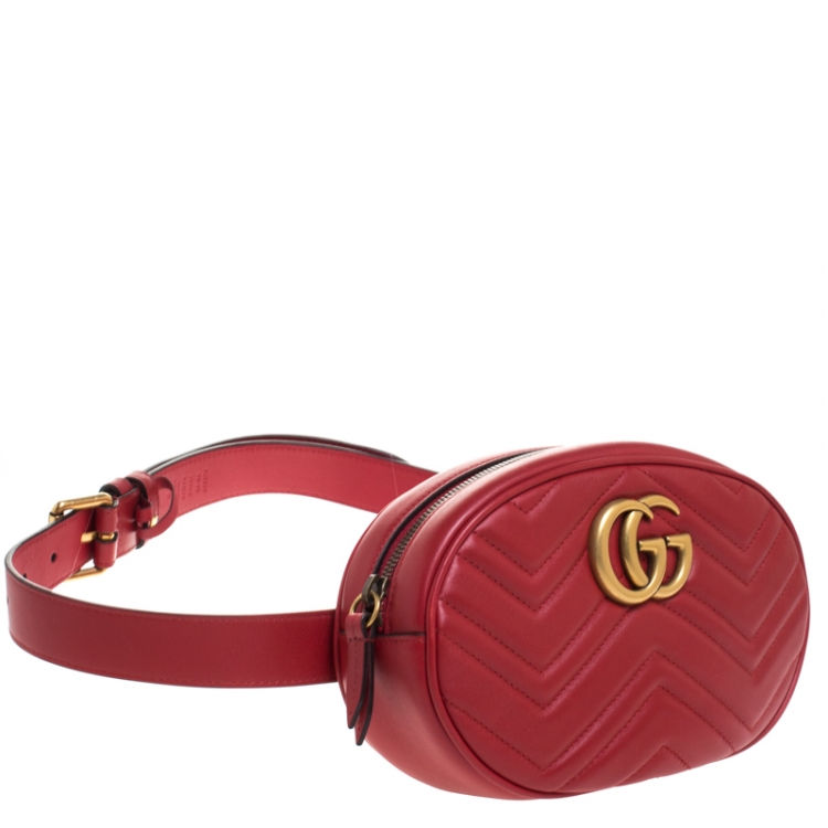 Pre Owned Gucci Red Matelassé Leather GG Marmont Belt Bag