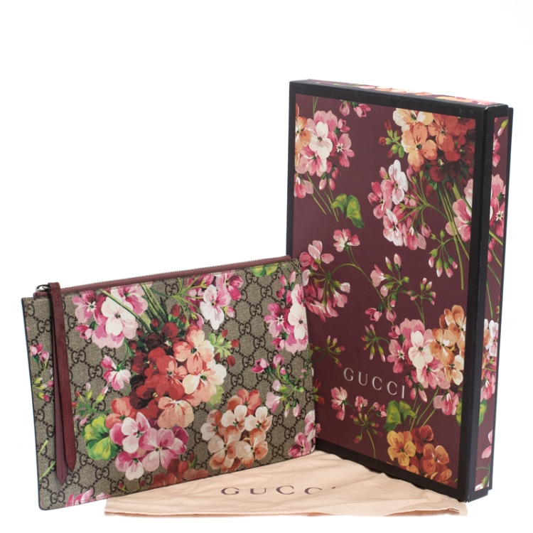 Pre Owned Gucci Maroon GG Supreme Blooms Printed Canvas and Suede Pouch