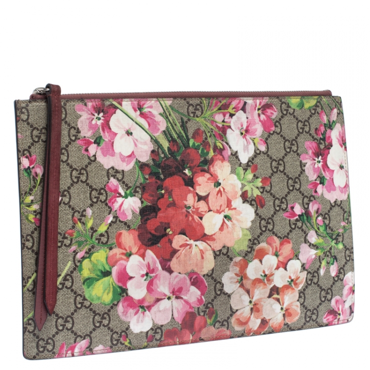 Pre Owned Gucci Maroon GG Supreme Blooms Printed Canvas and Suede Pouch