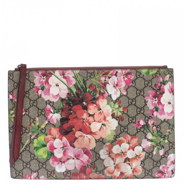 Pre Owned Gucci Maroon GG Supreme Blooms Printed Canvas and Suede Pouch