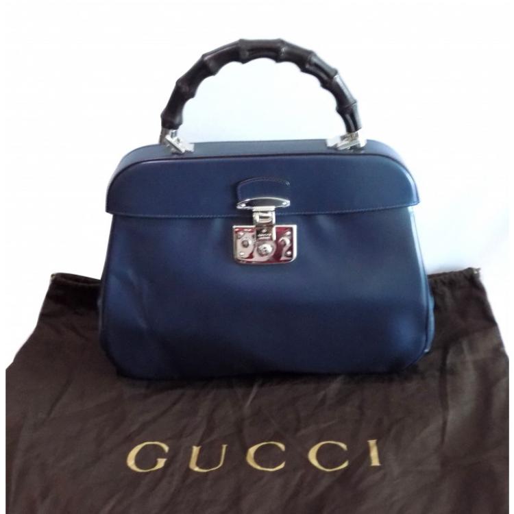 Pre Owned Gucci Blue Leather Large Lady Lock Bamboo Top Handle Satchel