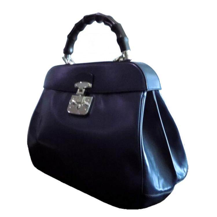 Pre Owned Gucci Blue Leather Large Lady Lock Bamboo Top Handle Satchel