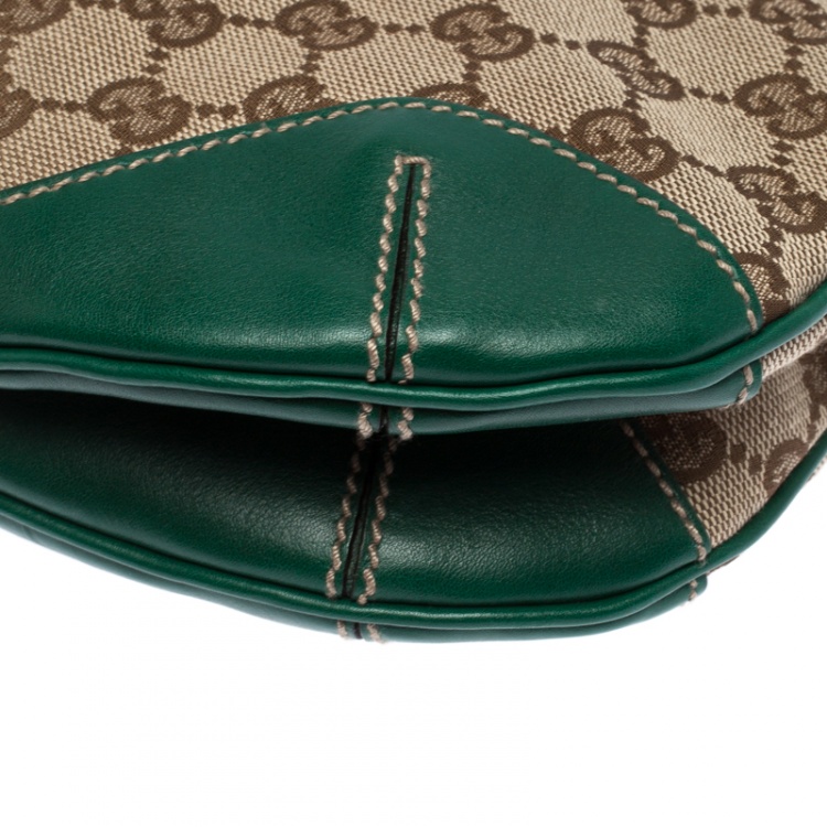Pre Owned Gucci Beige/Green Canvas and Leather Peggy Bamboo Top Handle Bag