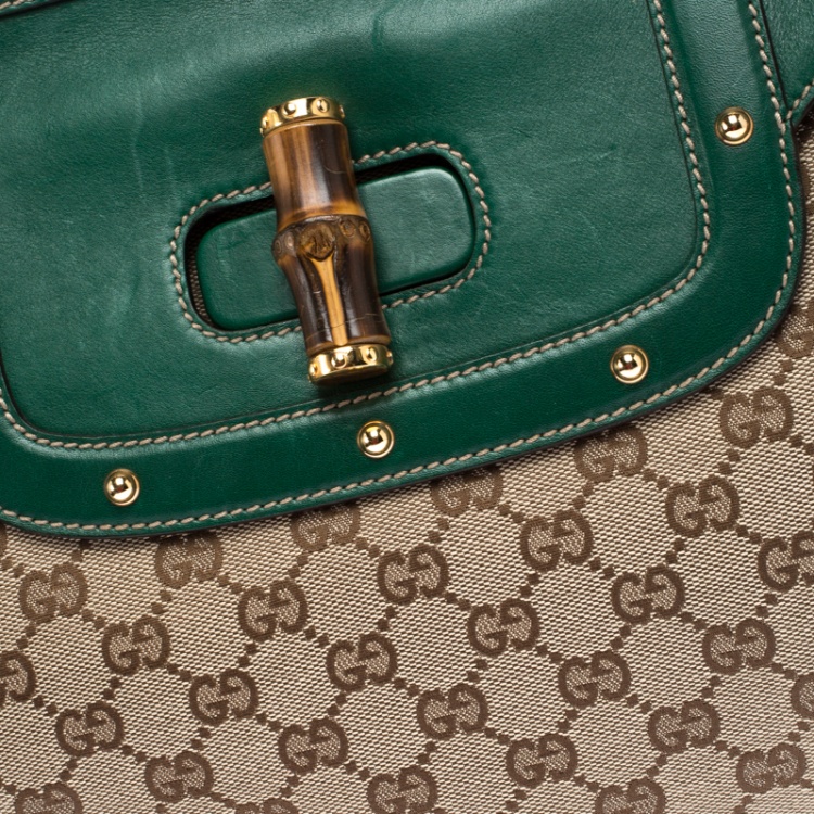 Pre Owned Gucci Beige/Green Canvas and Leather Peggy Bamboo Top Handle Bag