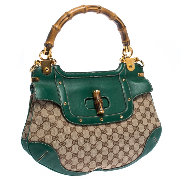 Pre Owned Gucci Beige/Green Canvas and Leather Peggy Bamboo Top Handle Bag