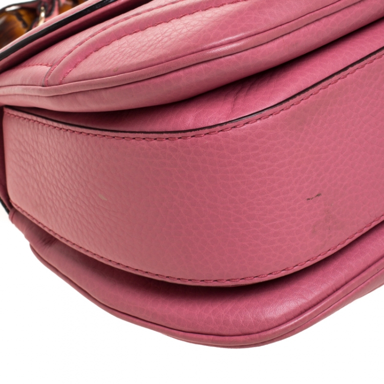 Pre Owned Gucci Pink Leather Medium Tassel New Bamboo Top Handle Bag