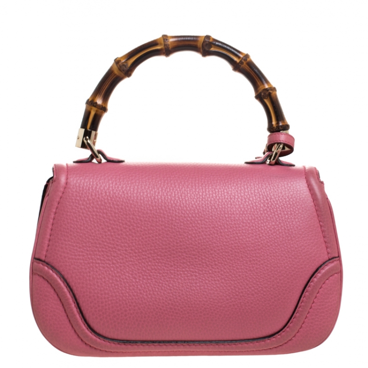 Pre Owned Gucci Pink Leather Medium Tassel New Bamboo Top Handle Bag