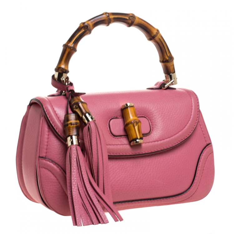 Pre Owned Gucci Pink Leather Medium Tassel New Bamboo Top Handle Bag