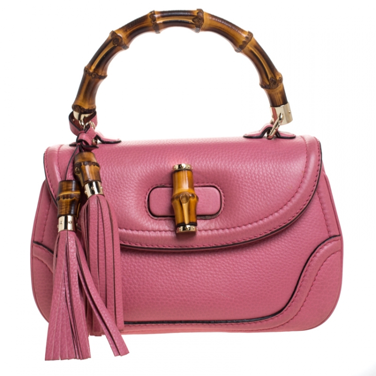 Pre Owned Gucci Pink Leather Medium Tassel New Bamboo Top Handle Bag