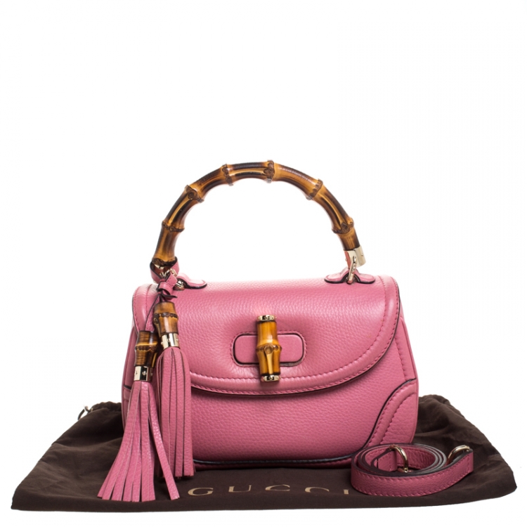 Pre Owned Gucci Pink Leather Medium Tassel New Bamboo Top Handle Bag