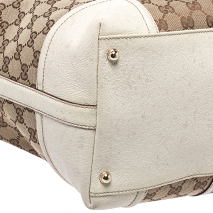 مملوكة مسبقًا Gucci White GG Canvas and Leather Large Web Treasure Boston Bag