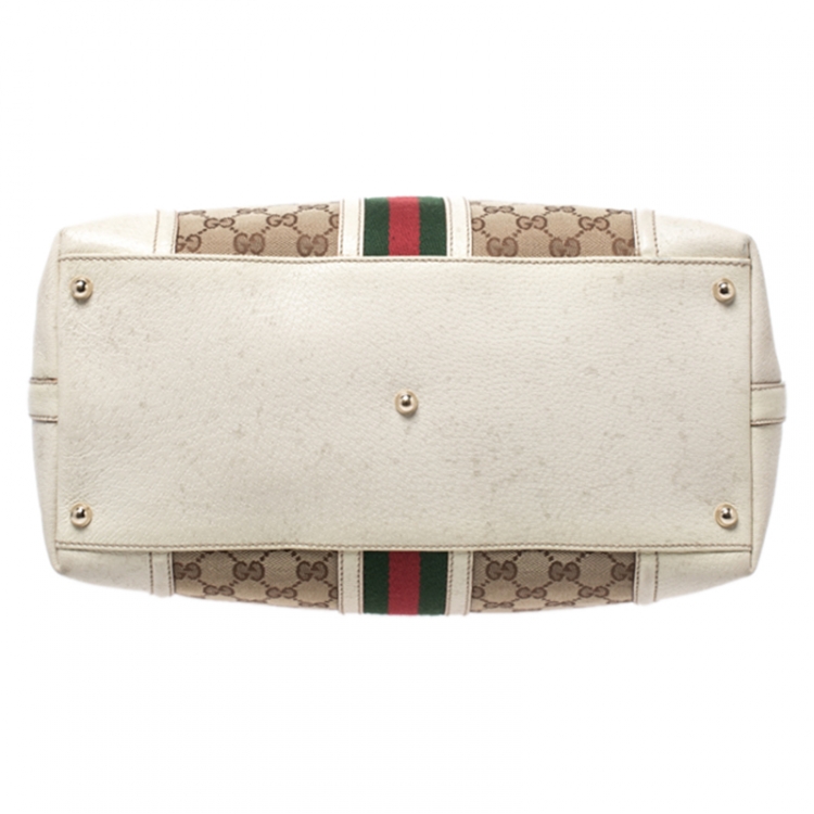 مملوكة مسبقًا Gucci White GG Canvas and Leather Large Web Treasure Boston Bag