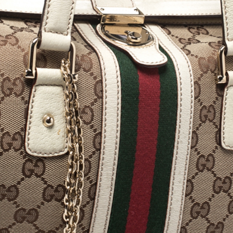 مملوكة مسبقًا Gucci White GG Canvas and Leather Large Web Treasure Boston Bag