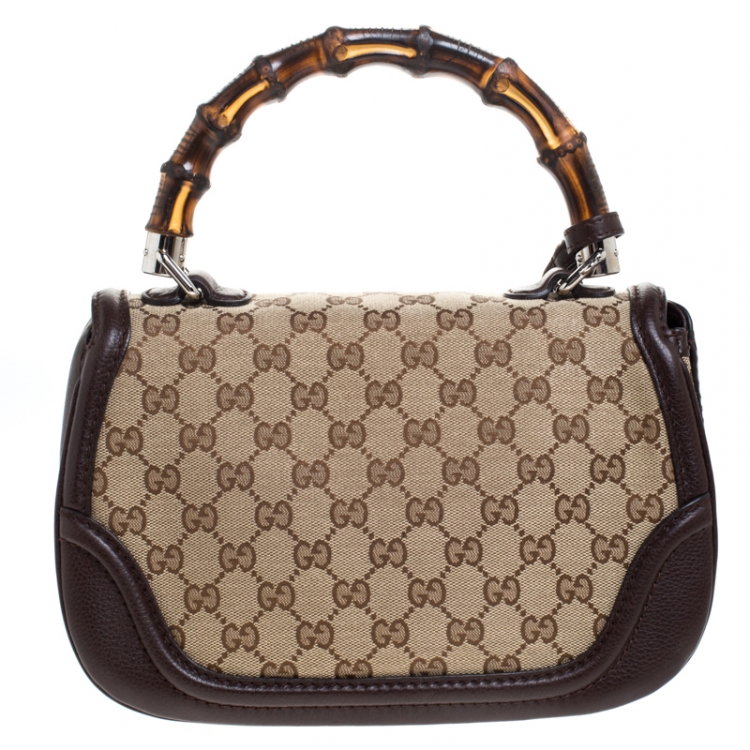 Pre Owned Gucci Brown GG Canvas and Leather Medium Tassel New Bamboo Top Handle Bag