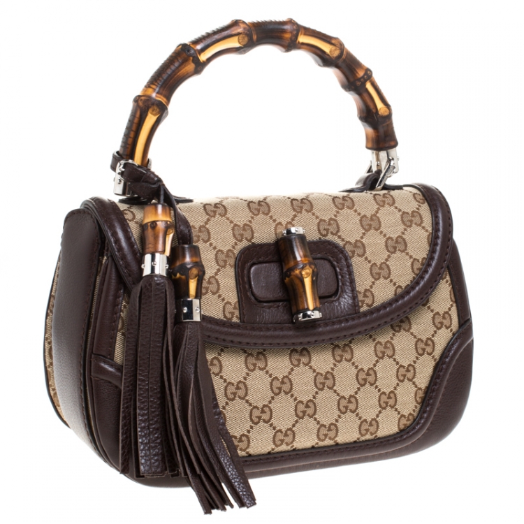 Pre Owned Gucci Brown GG Canvas and Leather Medium Tassel New Bamboo Top Handle Bag