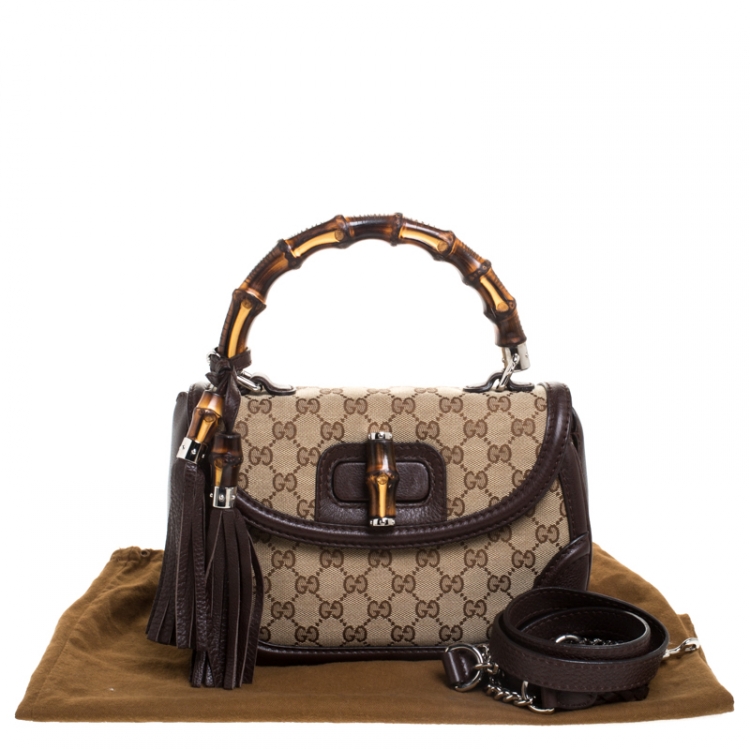 Pre Owned Gucci Brown GG Canvas and Leather Medium Tassel New Bamboo Top Handle Bag