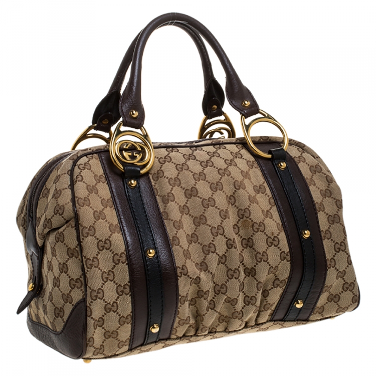 Pre Owned Gucci Beige/Brown GG Canvas and Leather Interlocking Boston Bag