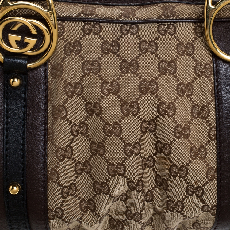 Pre Owned Gucci Beige/Brown GG Canvas and Leather Interlocking Boston Bag