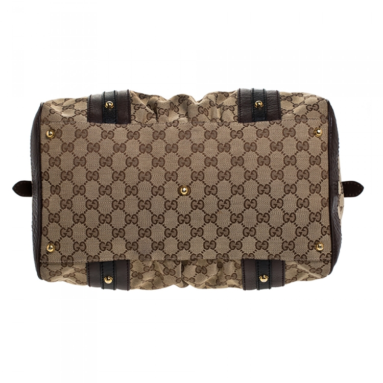 Pre Owned Gucci Beige/Brown GG Canvas and Leather Interlocking Boston Bag